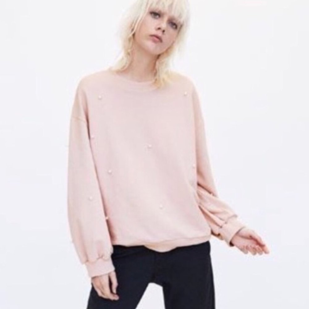 Zara Pearl Embellished Pullover Sweatshirt
